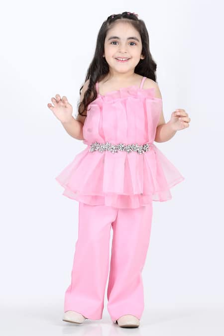 The Little Celebs_Pink Organza, Lycra Stones Ruffle Layered Top And Pant Set _Online_at_Aza_Fashions