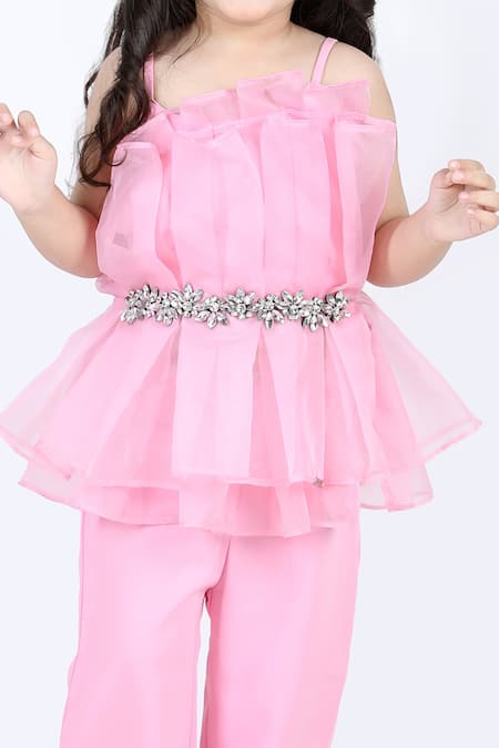 The Little Celebs_Pink Organza, Lycra Stones Ruffle Layered Top And Pant Set _at_Aza_Fashions