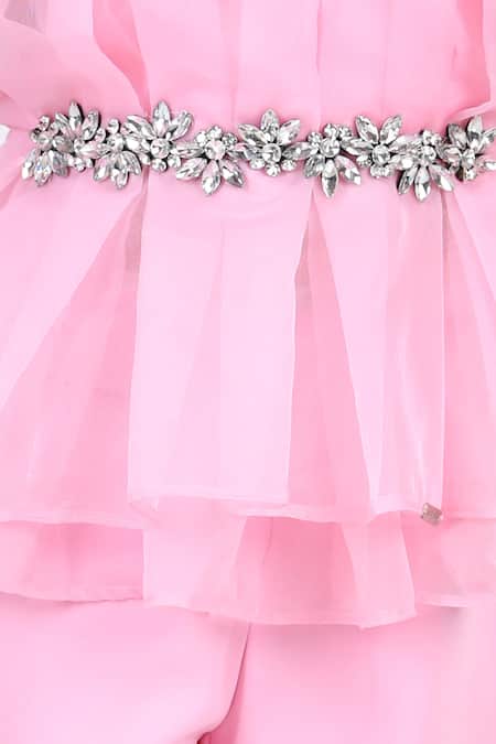 Buy_The Little Celebs_Pink Organza, Lycra Stones Ruffle Layered Top And Pant Set _Online_at_Aza_Fashions