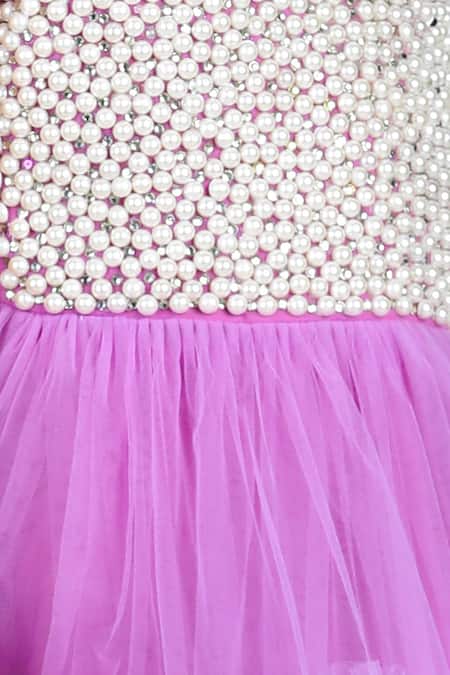Buy_The Little Celebs_Purple Net, Satin Pearls, Feathers Embellished Dress _Online_at_Aza_Fashions