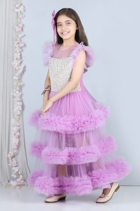 Shop_The Little Celebs_Purple Net, Satin Pearls, Feathers Embellished Dress _Online_at_Aza_Fashions