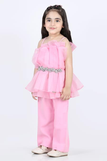 Shop_The Little Celebs_Pink Organza, Lycra Stones Ruffle Layered Top And Pant Set _Online_at_Aza_Fashions