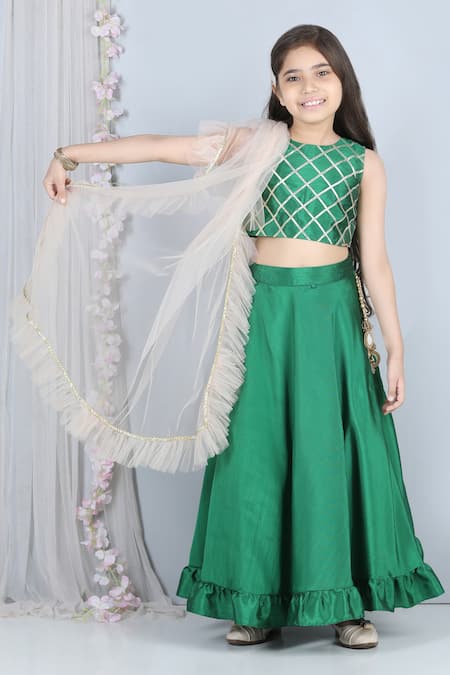 The Little Celebs_Green Silk, Net, Crepe Gota Patti, Fringe Embroidered Blouse Lehenga Set _Online_at_Aza_Fashions