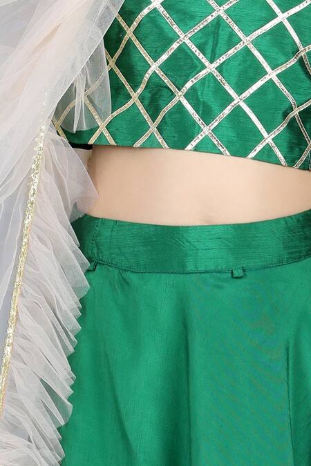 Buy_The Little Celebs_Green Silk, Net, Crepe Gota Patti, Fringe Embroidered Blouse Lehenga Set _Online_at_Aza_Fashions
