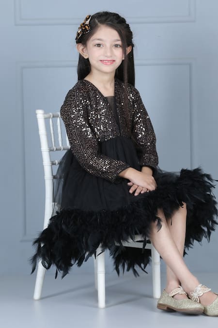 The Little Celebs_Black Net, Lycra, Satin Sequins Embroidered Dress _at_Aza_Fashions
