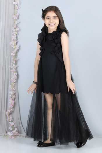 The Little Celebs_Black Neoprene, Net Embroidery Floral Embellished Dress _Online_at_Aza_Fashions