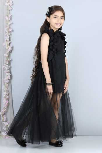 Shop_The Little Celebs_Black Neoprene, Net Embroidery Floral Embellished Dress _Online_at_Aza_Fashions