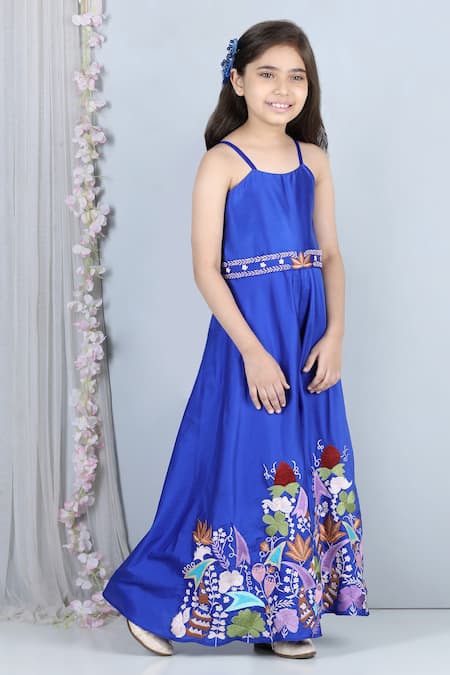 The Little Celebs_Blue Silk Embroidery Jumpsuit With Belt _Online_at_Aza_Fashions