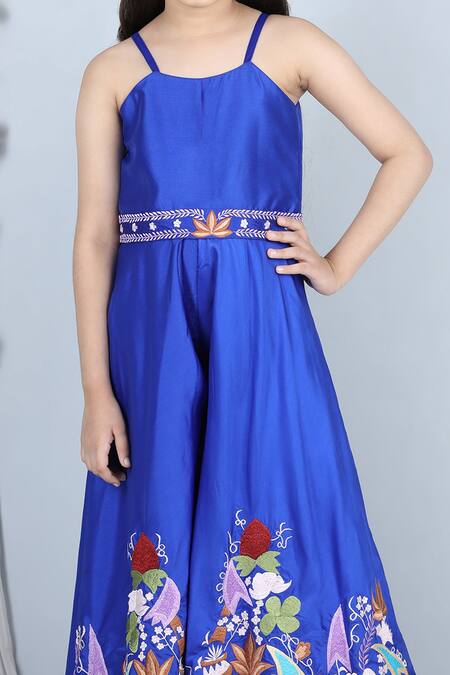 The Little Celebs Blue Silk Embroidery Jumpsuit With Belt at Aza Fashions The Little Celebs_Blue Silk Embroidery Jumpsuit With Belt _at_Aza_Fashions