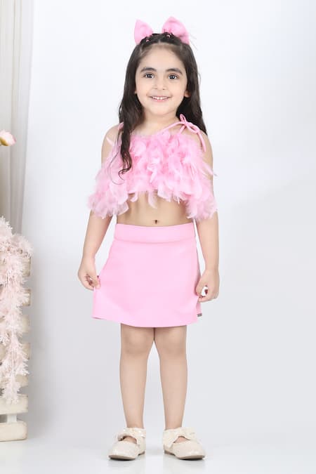 The Little Celebs_Pink Lycra Feathers Embellished Top And Skirt Set _Online_at_Aza_Fashions