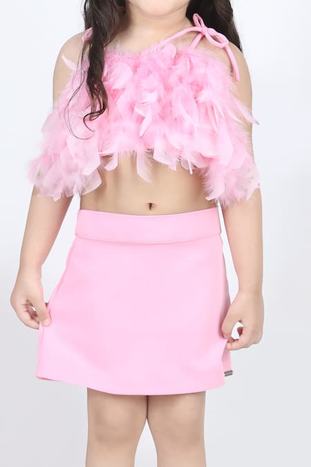 The Little Celebs Pink Lycra Feathers Embellished Top And Skirt Set at Aza Fashions The Little Celebs_Pink Lycra Feathers Embellished Top And Skirt Set _at_Aza_Fashions