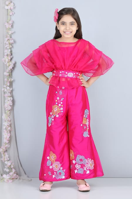 The Little Celebs_Pink Silk, Organza, Crepe Embroidery Pleated Top And Pant Set _Online_at_Aza_Fashions