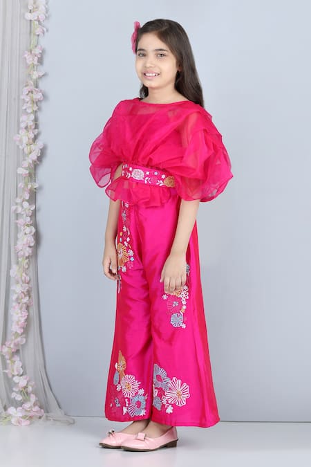 Shop_The Little Celebs_Pink Silk, Organza, Crepe Embroidery Pleated Top And Pant Set _Online_at_Aza_Fashions