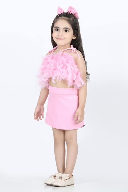 Shop_The Little Celebs_Pink Lycra Feathers Embellished Top And Skirt Set _Online_at_Aza_Fashions