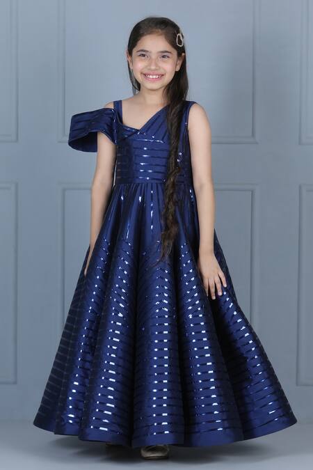 The Little Celebs_Blue Silk, Crepe Glitter Embellished Gown _Online_at_Aza_Fashions