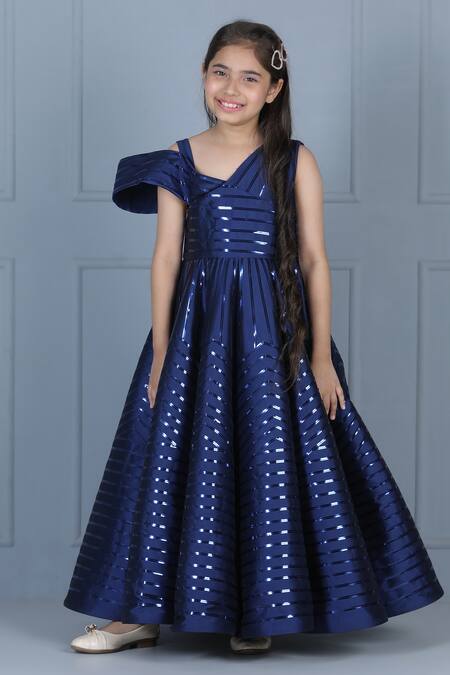 Shop_The Little Celebs_Blue Silk, Crepe Glitter Embellished Gown _Online_at_Aza_Fashions