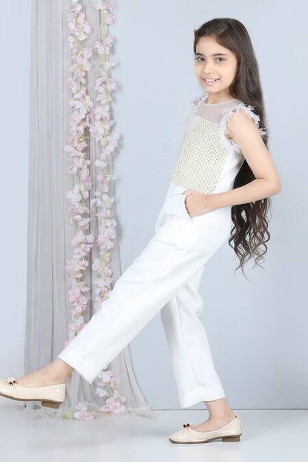The Little Celebs_White Crepe, Net Pearls Embellished Jumpsuit _Online_at_Aza_Fashions