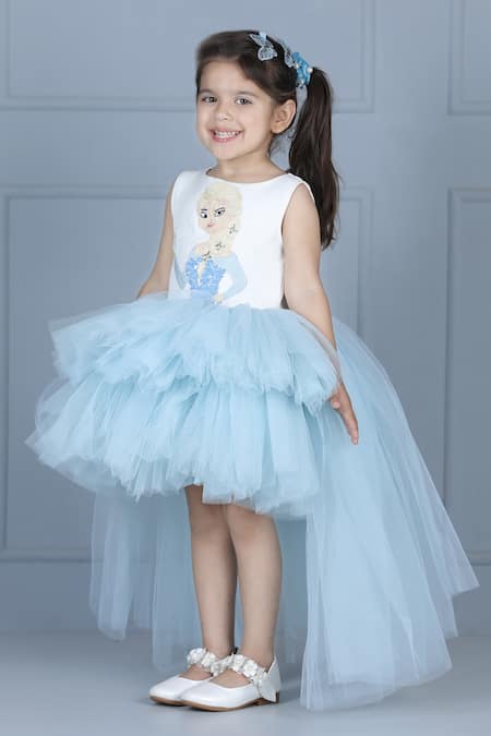 The Little Celebs_White Net, Crepe, Satin Sequins, Embroidery Elsa Bodice High-low Dress _at_Aza_Fashions
