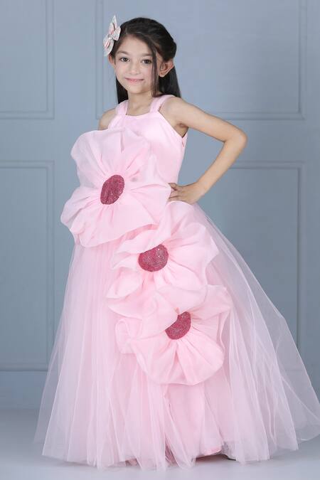 Buy_The Little Celebs_Pink Net, Satin Fabric Flowers 3d Floral Detail Flared Gown _Online_at_Aza_Fashions