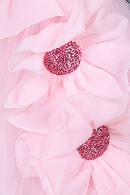 The Little Celebs Pink Net, Satin Fabric Flowers 3d Floral Detail Flared Gown Online at Aza Fashions The Little Celebs_Pink Net, Satin Fabric Flowers 3d Floral Detail Flared Gown _Online_at_Aza_Fashions