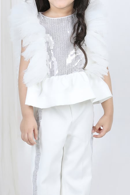 The Little Celebs_White Lycra Sequins Work Peplum Top And Pant Set _at_Aza_Fashions