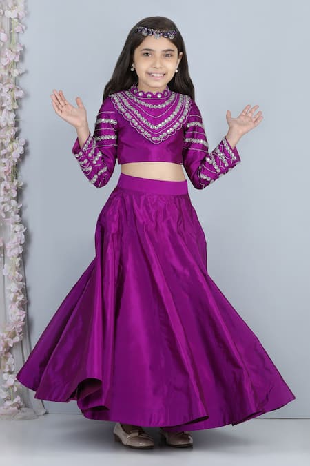 The Little Celebs_Purple Silk, Crepe Stones Embroidered Blouse And Lehenga Set _Online_at_Aza_Fashions