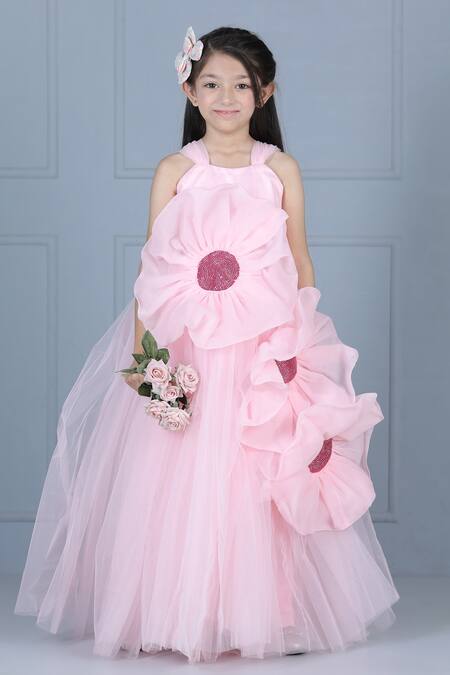 Shop_The Little Celebs_Pink Net, Satin Fabric Flowers 3d Floral Detail Flared Gown _Online_at_Aza_Fashions