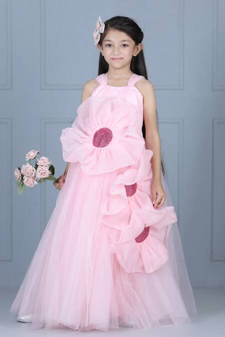 The Little Celebs_Pink Net, Satin Fabric Flowers 3d Floral Detail Flared Gown _at_Aza_Fashions