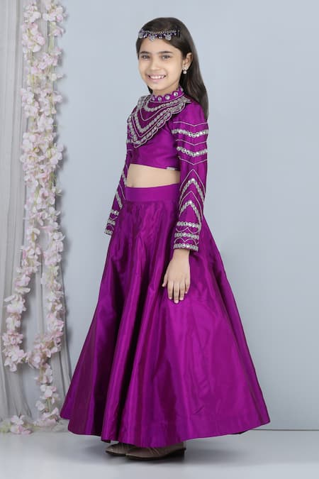Shop_The Little Celebs_Purple Silk, Crepe Stones Embroidered Blouse And Lehenga Set _Online_at_Aza_Fashions