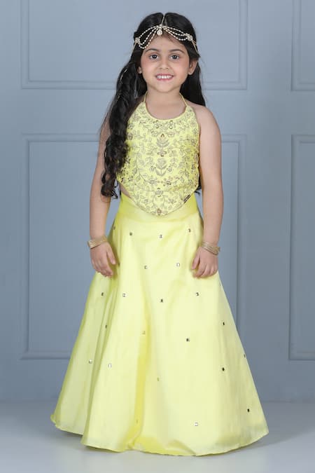 The Little Celebs_Yellow Silk, Crepe Embroidery, Sequins Blouse And Lehenga Set _Online_at_Aza_Fashions