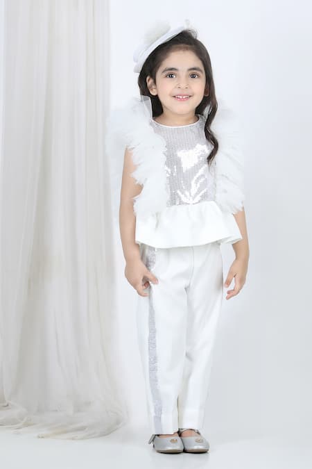 The Little Celebs_White Lycra Sequins Work Peplum Top And Pant Set _Online_at_Aza_Fashions