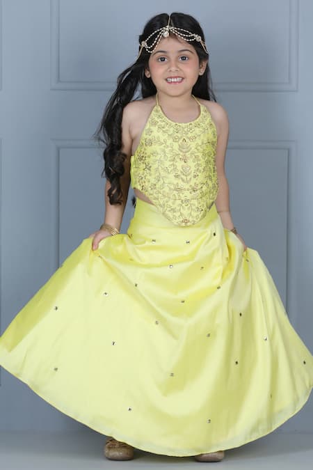 Shop_The Little Celebs_Yellow Silk, Crepe Embroidery, Sequins Blouse And Lehenga Set _Online_at_Aza_Fashions