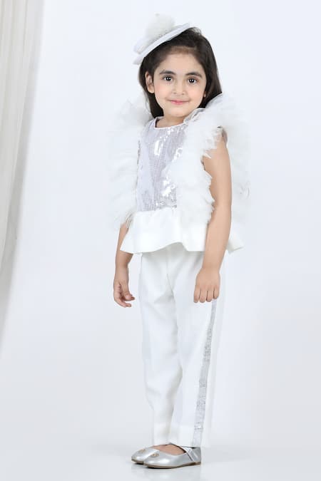 Shop_The Little Celebs_White Lycra Sequins Work Peplum Top And Pant Set _Online_at_Aza_Fashions