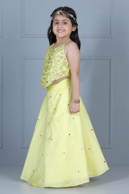 The Little Celebs_Yellow Silk, Crepe Embroidery, Sequins Blouse And Lehenga Set _at_Aza_Fashions