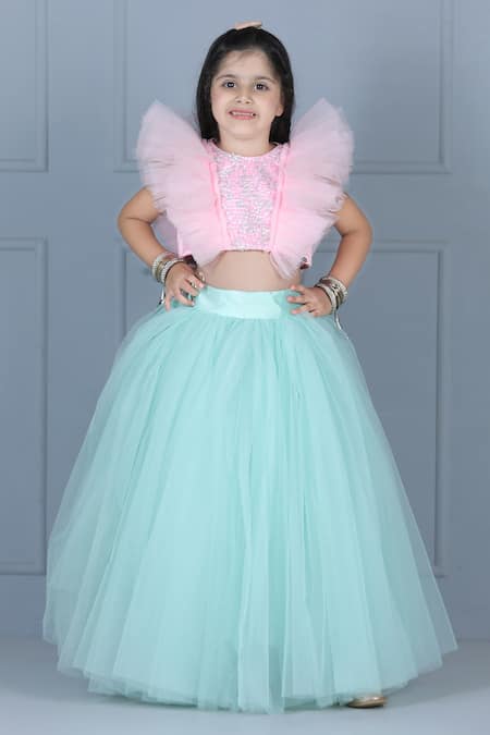 Buy_The Little Celebs_Pink Net, Satin Sequins Frill Detail Crop Top And Skirt Set _Online_at_Aza_Fashions