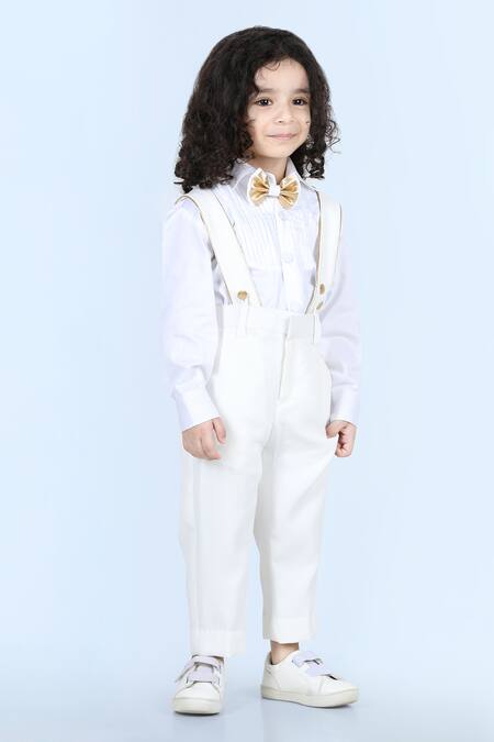 The Little Celebs_White Cotton, Lycra Embroidery Pintuck Shirt And Suspender Pant Set _Online_at_Aza_Fashions