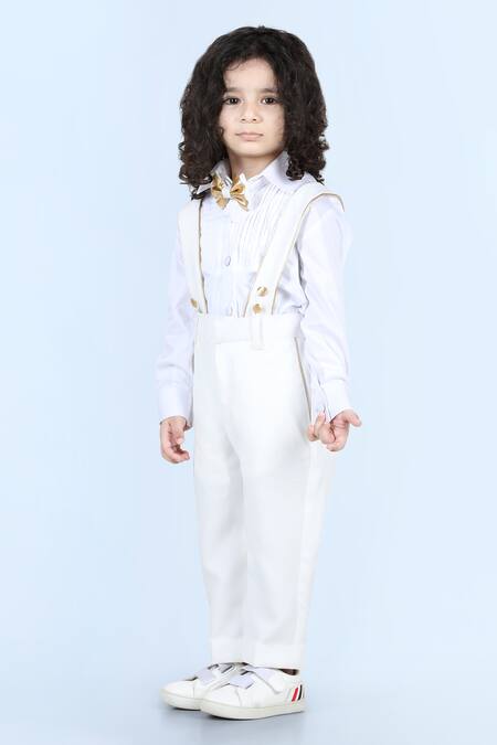 Shop_The Little Celebs_White Cotton, Lycra Embroidery Pintuck Shirt And Suspender Pant Set _Online_at_Aza_Fashions
