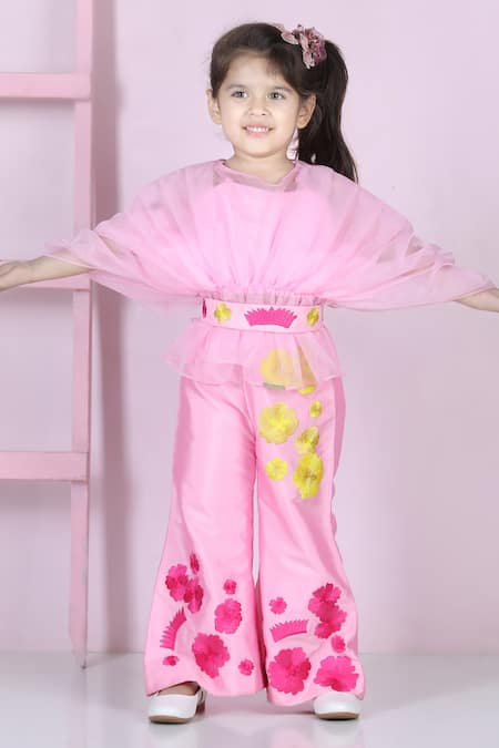 The Little Celebs_Pink Silk, Organza, Crepe Embroidery Pleated Top And Pant Set _Online_at_Aza_Fashions