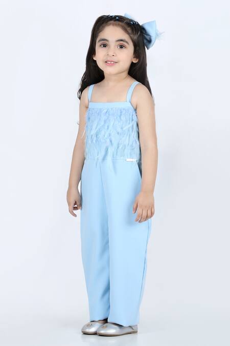 Shop_The Little Celebs_Blue Lycra Feathers Embellished Jumpsuit_Online_at_Aza_Fashions