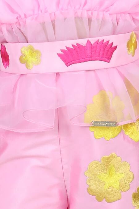 Buy_The Little Celebs_Pink Silk, Organza, Crepe Embroidery Pleated Top And Pant Set _Online_at_Aza_Fashions