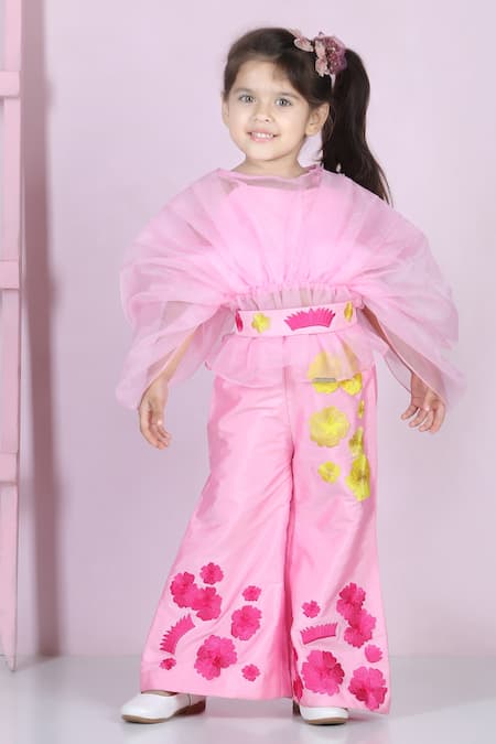 Shop_The Little Celebs_Pink Silk, Organza, Crepe Embroidery Pleated Top And Pant Set _Online_at_Aza_Fashions