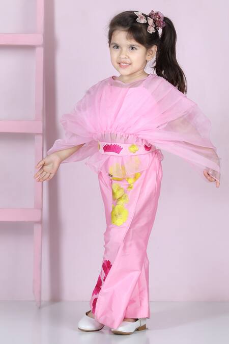 The Little Celebs_Pink Silk, Organza, Crepe Embroidery Pleated Top And Pant Set _at_Aza_Fashions