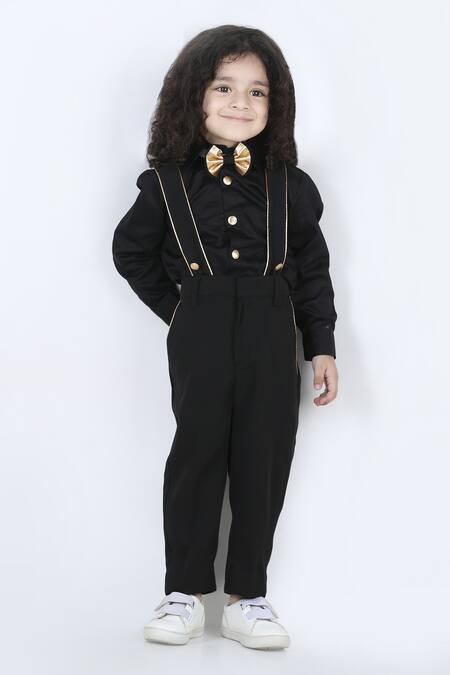 The Little Celebs_Black Cotton, Lycra Suspender Pant And Shirt Set _Online_at_Aza_Fashions