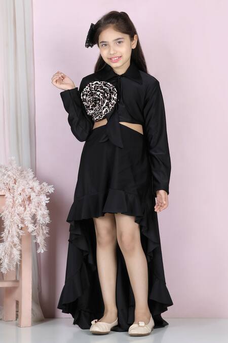 Buy_The Little Celebs_Black Lycra Ruffles, Embroidery Cut-out Detail Asymmetric Dress _Online_at_Aza_Fashions