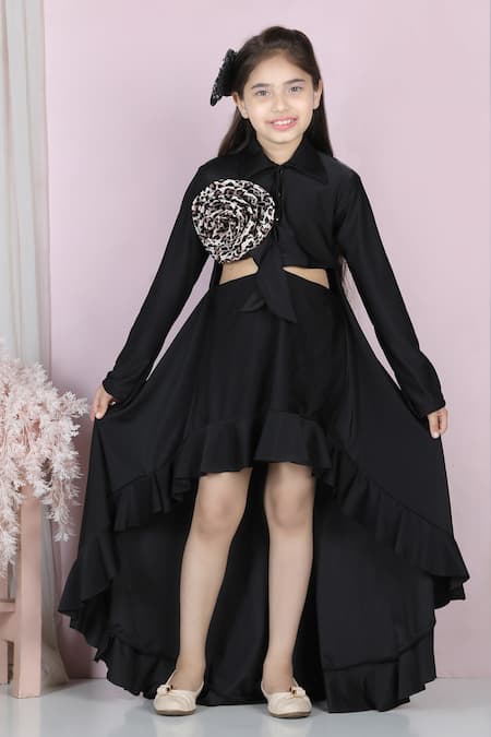 Shop_The Little Celebs_Black Lycra Ruffles, Embroidery Cut-out Detail Asymmetric Dress _Online_at_Aza_Fashions
