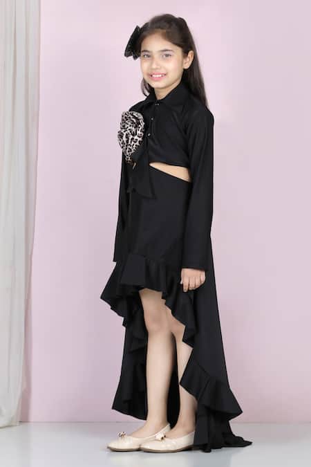The Little Celebs_Black Lycra Ruffles, Embroidery Cut-out Detail Asymmetric Dress _at_Aza_Fashions