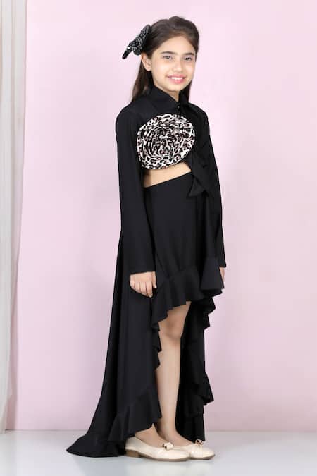 Buy_The Little Celebs_Black Lycra Ruffles, Embroidery Cut-out Detail Asymmetric Dress 