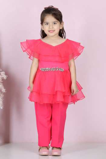The Little Celebs_Pink Silk, Organza Stones Ruffle Layered Top And Pant Set _Online_at_Aza_Fashions