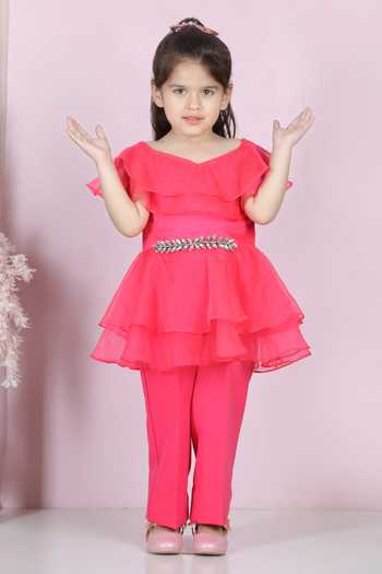 Shop_The Little Celebs_Pink Silk, Organza Stones Ruffle Layered Top And Pant Set _Online_at_Aza_Fashions