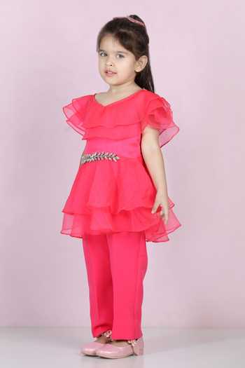 The Little Celebs_Pink Silk, Organza Stones Ruffle Layered Top And Pant Set _at_Aza_Fashions